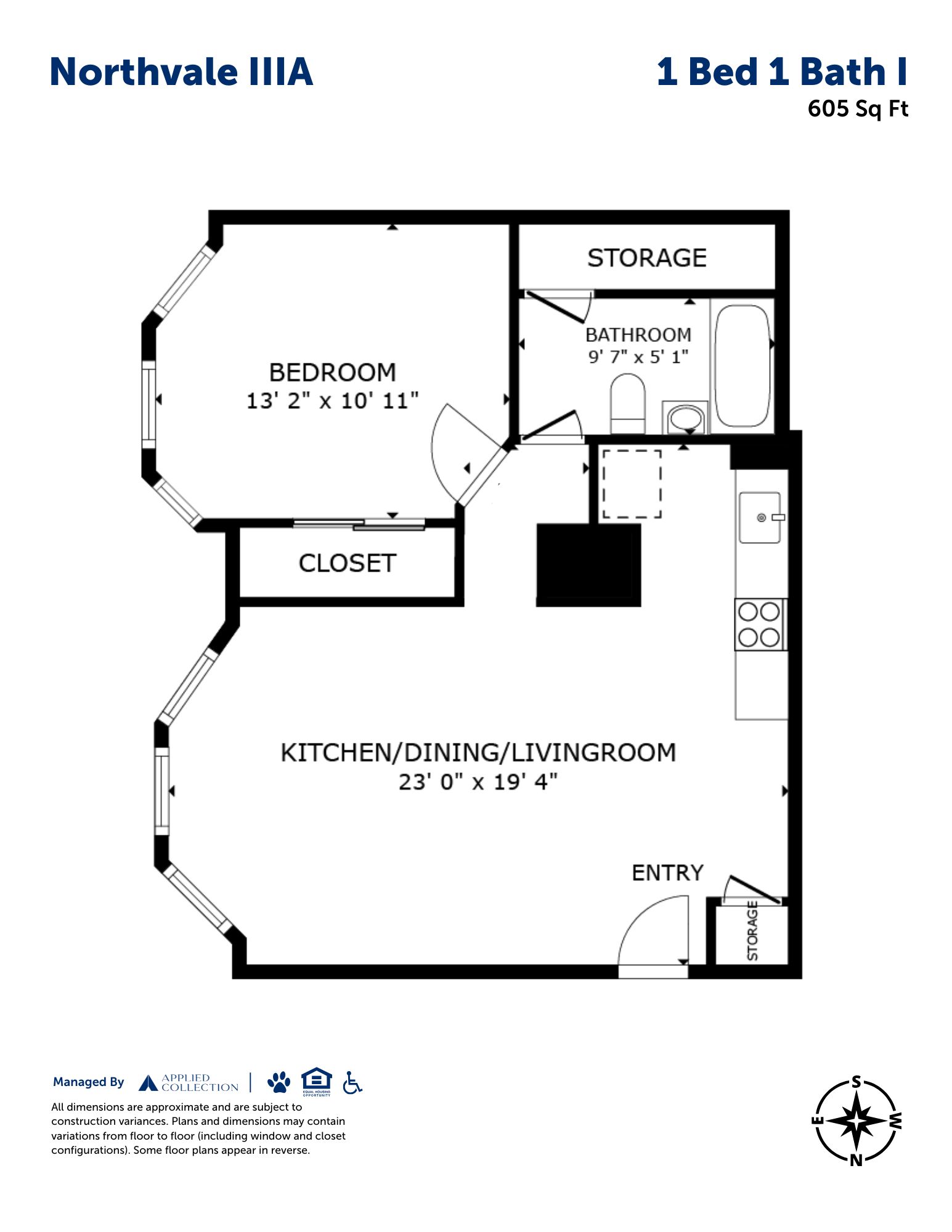 Floor plan for 1 bed, 1 bath, 605 sqft